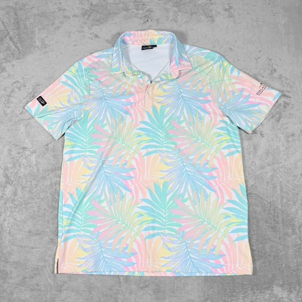 Sunday Swagger Mens L Polo Shirt Tropical Palm Leaf Pastel Performance Golf